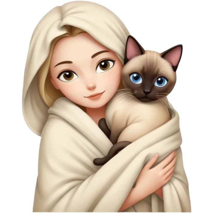 A beautiful and sexy Caucasian girl wrapped in a blanket hugging a Siamese cat emoji