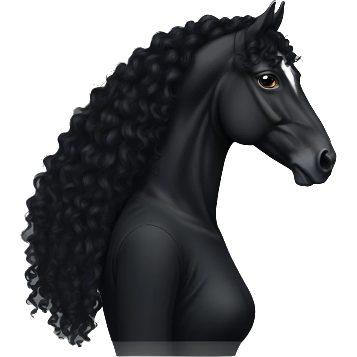 White girl, black shirt, long black curly hair, with  black arabian horse emoji