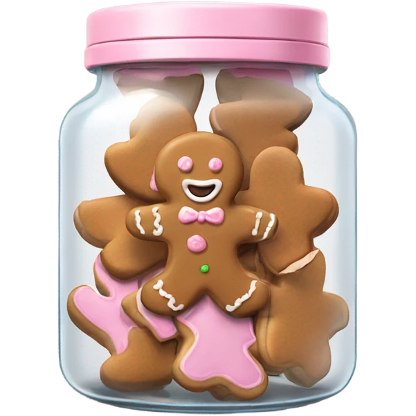 Realistic glass cookie jar with light pink lid full of gingerbread cookies isolated.  emoji