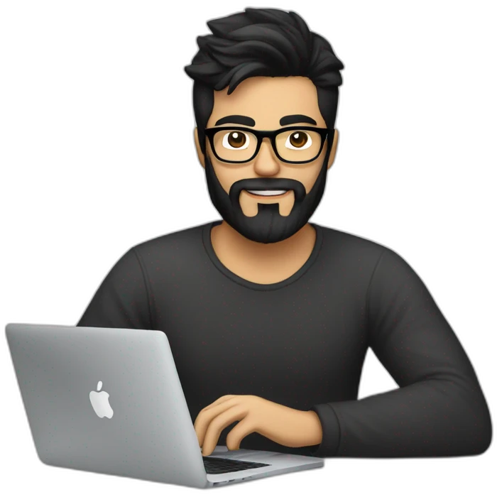 Designer with black hair, beard and glasses working with MacBook and drinking cappuccino  emoji