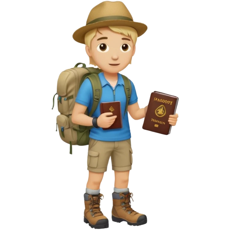 blonde haired Traveler character with passport, backpacker, male emoji