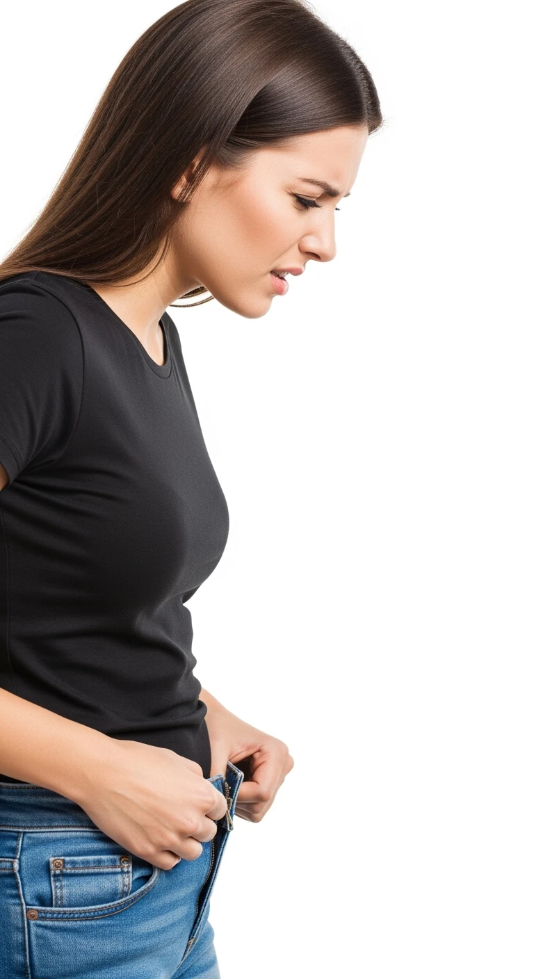DONNA DI PROFILO CHE SI TIENE LE MANI SULLA ZIP DEI JEANS CON ESPRESSIONE DI DOLORE IN VOLTO PERCHé SOFFRE DI CISTITE, SFONDO BIANCO emoji