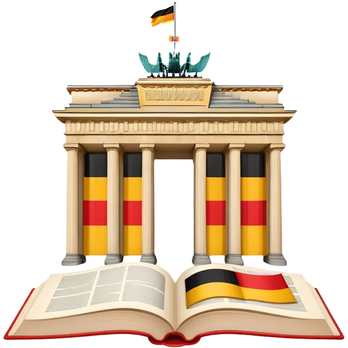 An icon featuring the Brandenburg Gate and the flag of Germany, symbolizing the German language. The design includes an open book with German text and a stein of beer, representing language learning and German culture. Transparent background emoji