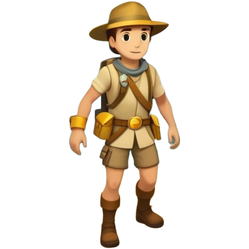 an adventure game, inspired by Uncharted-2. The design features a rugged explorer navigating through ancient ruins, with treasure and obstacles in the background. A dynamic environment with jungle, cliffs, and puzzles highlights the thrill of discovery and action. Transparent background. emoji