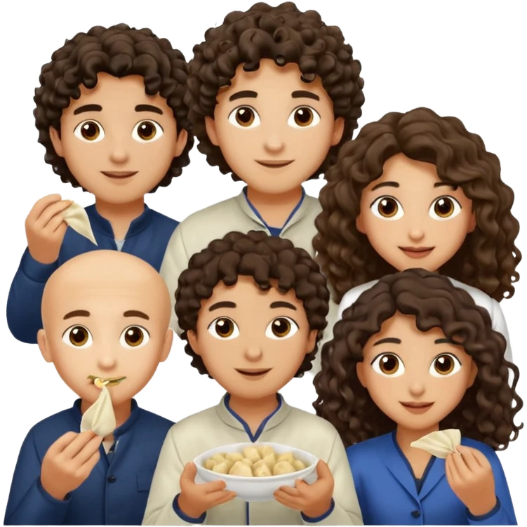 Can you create an emoji of three 23 year olds eating dumplings. One boy with wavy curly hair one Jewish girl with long dark brown curly hair and one half Indian / half white girl with mid length dark brown hair. All brown eyes emoji