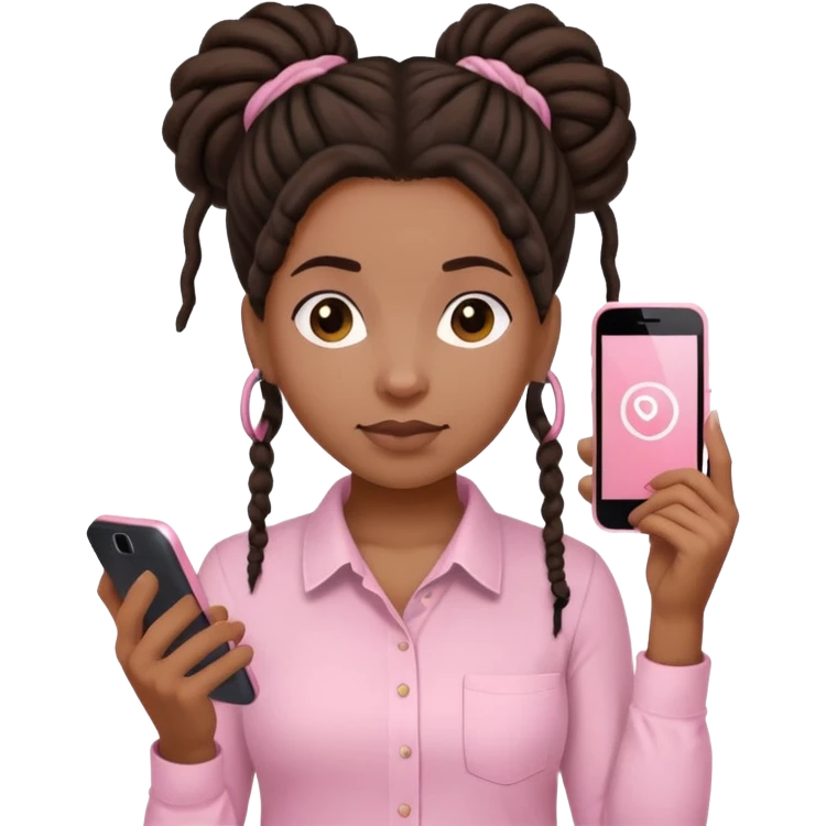 Dark brown woman with dreadlocks in bun Light pink shirt with a light pink phone in her hand emoji