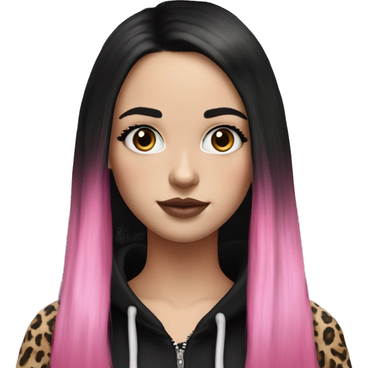 Hyperrealistic white girl with long black hair with a pink fringe and has eye makeup on, she is wearing a black and leopard print hoodie  emoji