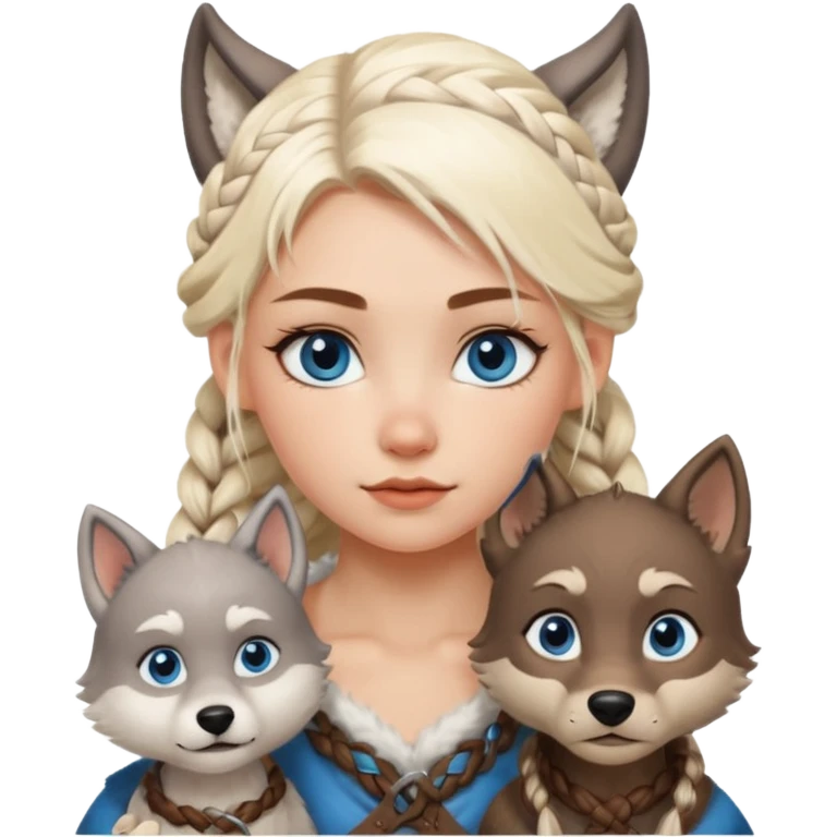 Viking platinum blonde girl with braid and blue eyes. Wolf pet emoji