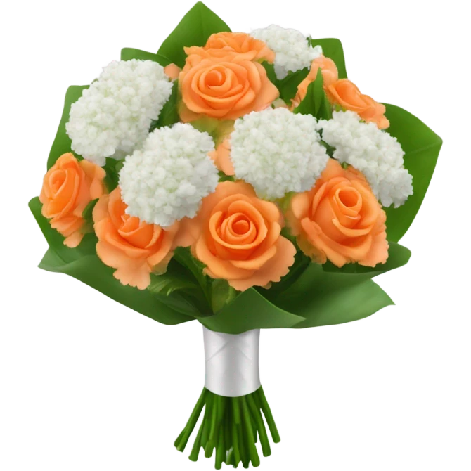 A boquet wrapped in an orange and white, that has White carnations that has pink tips, with baby’s breath and green leaves emoji