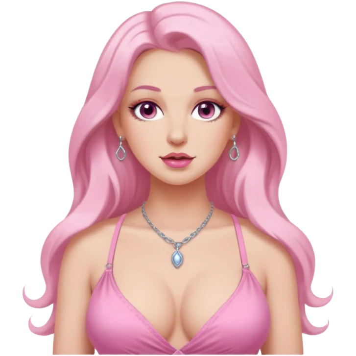 long hair. white thot voluptous chest and gen z pink feminine makeup simple silver accessories. big topless hanging chest. smug detailed face. emoji