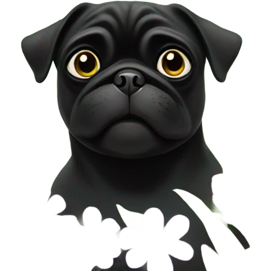 Black pug , surrounded by flowers, holding a green sign that says “good luck”  emoji