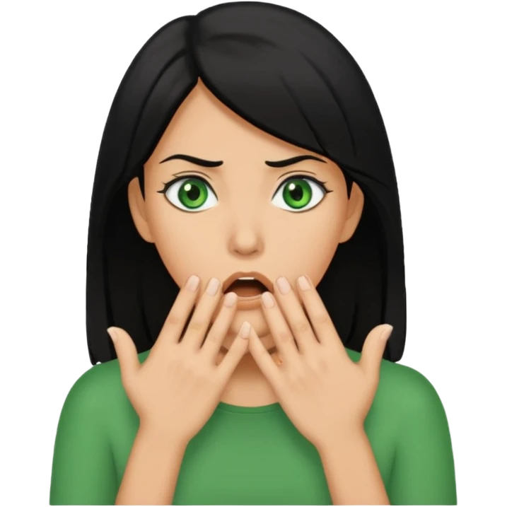A realistic half-length portrait of a frightened woman with hands to her mouth, black hair and green eyes emoji