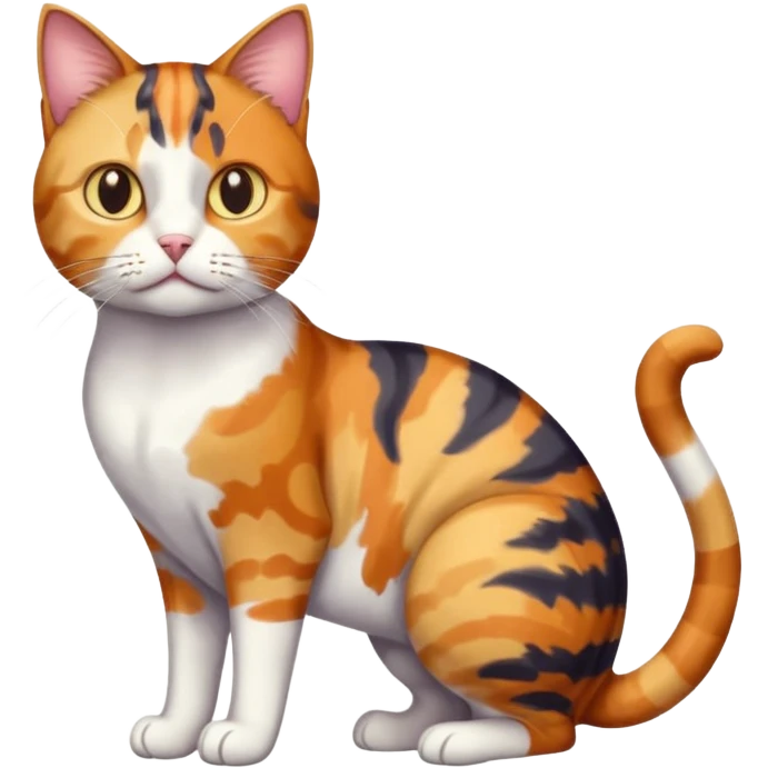 full body colourful calico tabby cat with disproportioned head with an anxious face and white front legs emoji