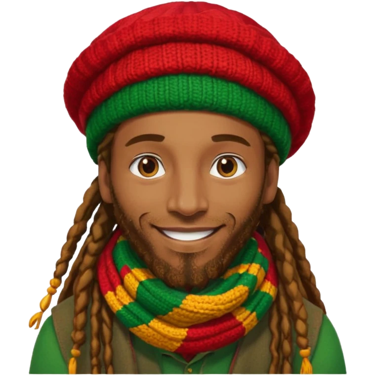 “Create a powerful illustrated portrait of a smiling man with long dreadlocks, wearing a colorful red, gold, and green knitted tam. The background has jungle leaves and warm lighting. Style: vibrant digital art, modern, bold lines, reggae vibe. With a Amsterdam colour scarf around his neck emoji