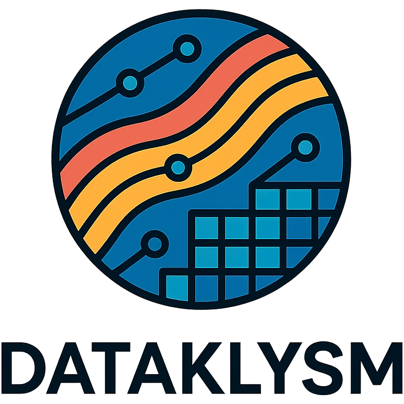 sleek futuristic icon logo for DATAKLYSM with stylized data streams, digital grid motifs, sharp lines, emphasizing innovation and technology emoji