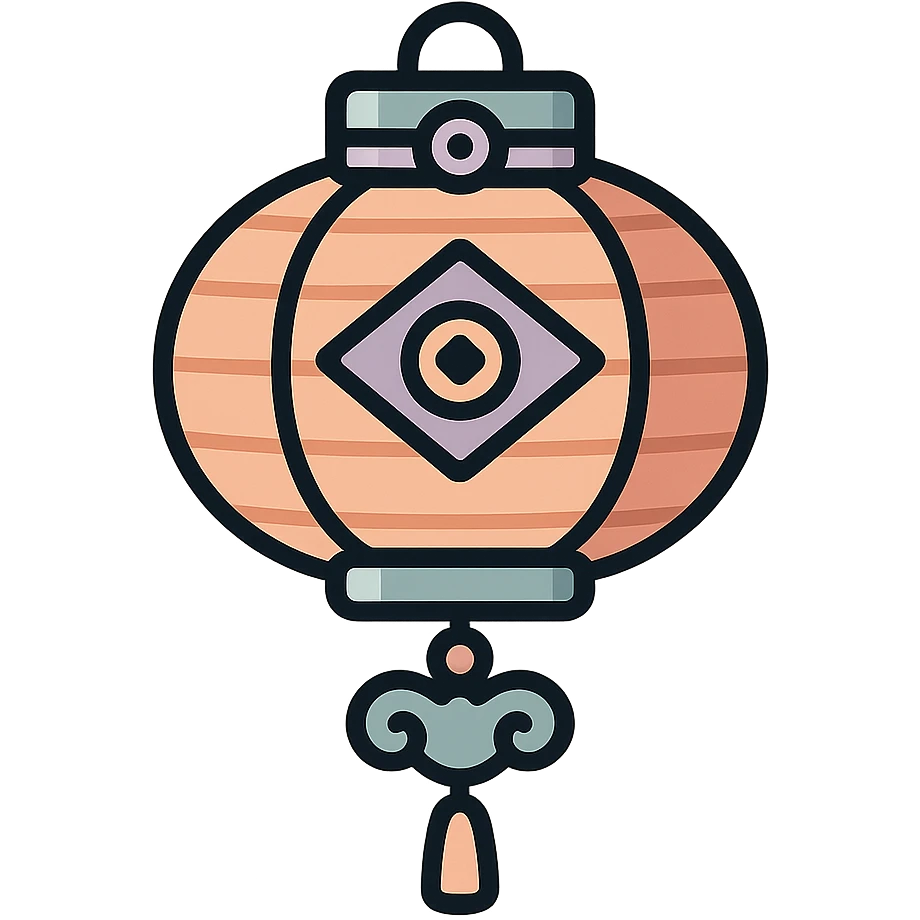 Chinese lantern with interesting ornament and decorative elements, not minimalist, no floral decor, detailed shadows and highlights, thin clean contours, soft rounded shapes, pastel palette #98B5BC, #B5B3C1, #C9A3C9, #E4C0CA, #F7DCD1, #F7C0AA, modern Japanese pop-art and sticker aesthetics, high detail, vector sharpness, soft lighting, transparent background emoji