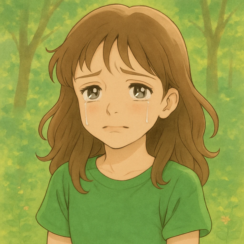 Sad girl wearing a bright green parrot green t-shirt, in Ghibli style, with an automatic background. Use verbose prompts for detailed Ghibli style. emoji