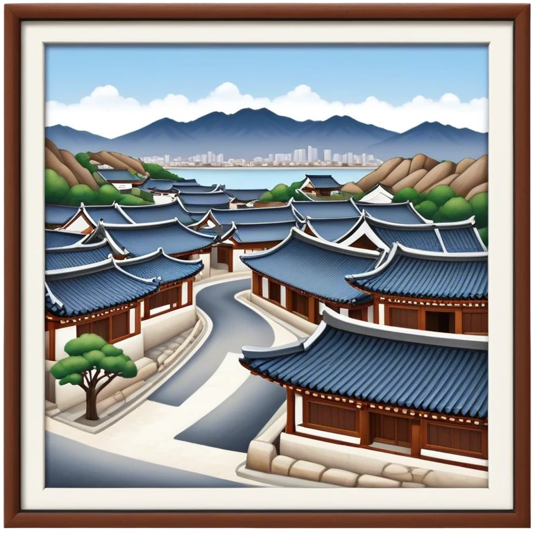 Cinematic Realistic Bukchon Hanok Village Landmark Emoji, depicted with traditional Korean houses set against a scenic backdrop rendered with detailed textures and warm, inviting lighting. emoji