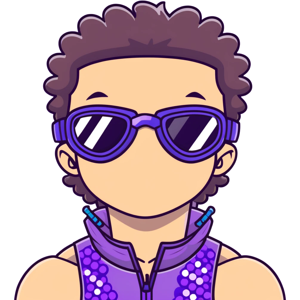 close-up of cool guy male athlete with white skin and moderately curly dark brown hair on top with shaved sides, with one purple ski goggle lens pushed up above his eyes on his forehead, sticking his tongue out of his mouth, a simple plain black chain necklace, and a completely unzipped sleeveless vest with purple and black sequin fire pattern design with no logo emoji