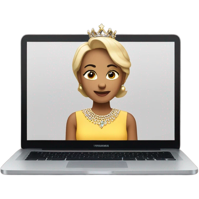 queen with a bob haircut  seating looking forward on a mac laptop and show her dress emoji