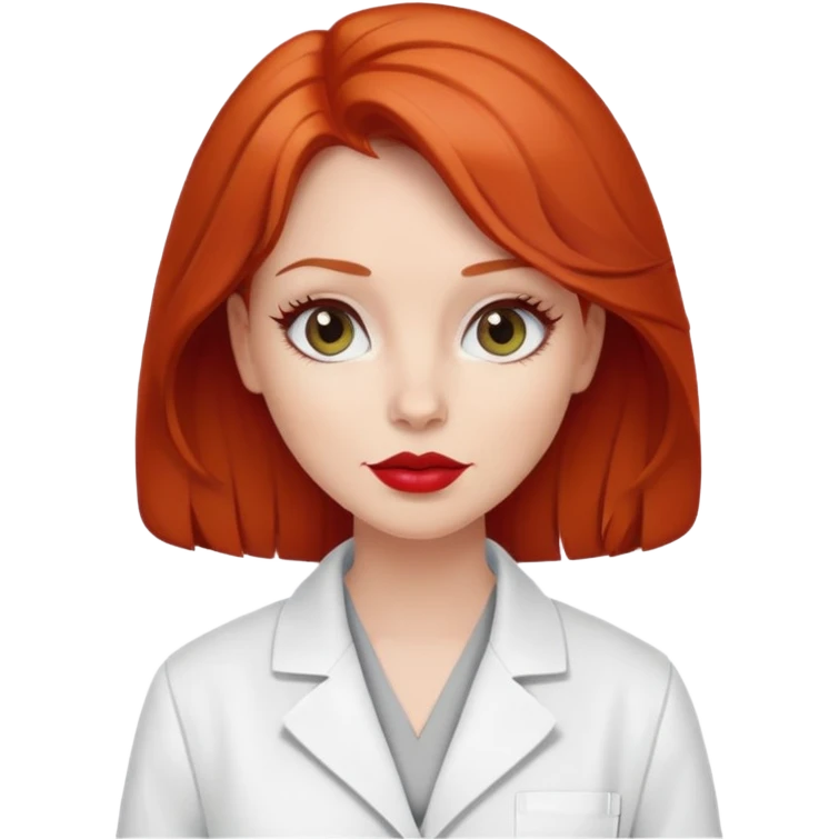 Redhead woman with gray eyes and red lipstick wearing a lab coat looking smug emoji