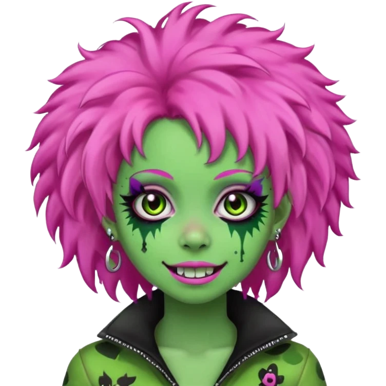 girl, green zombie,pink afro, long, emo, shaggy, dark, spooky,double eyebrow dermal piercing, cute illuminous smile emoji