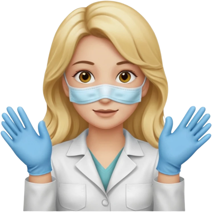 enfermera rubia con pelo largo, con mascarilla y guantes que aperezcan las dos manos emoji