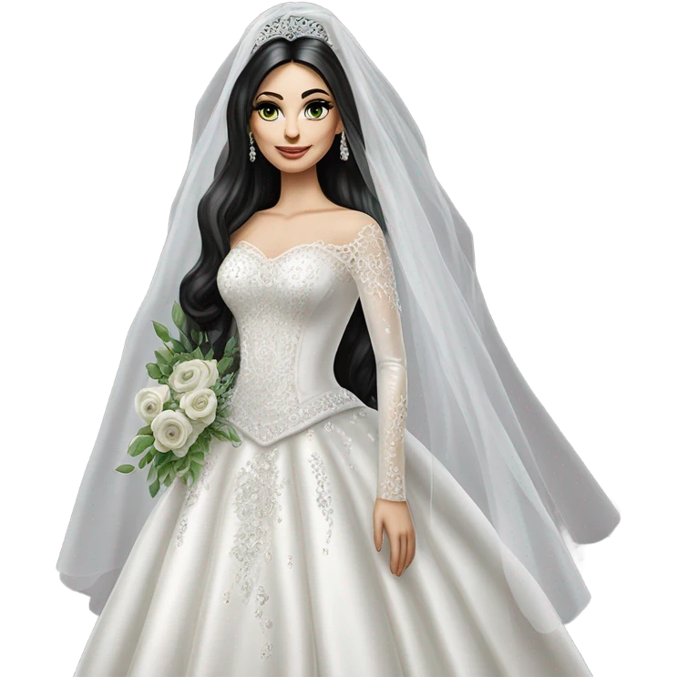 Hyper Realistic ornate ballgown long sleeve Wedding dress with diamanté on Russian bride with pale skin and green eyes and long black hair with veil and diamond jewelry hyper realistic  emoji