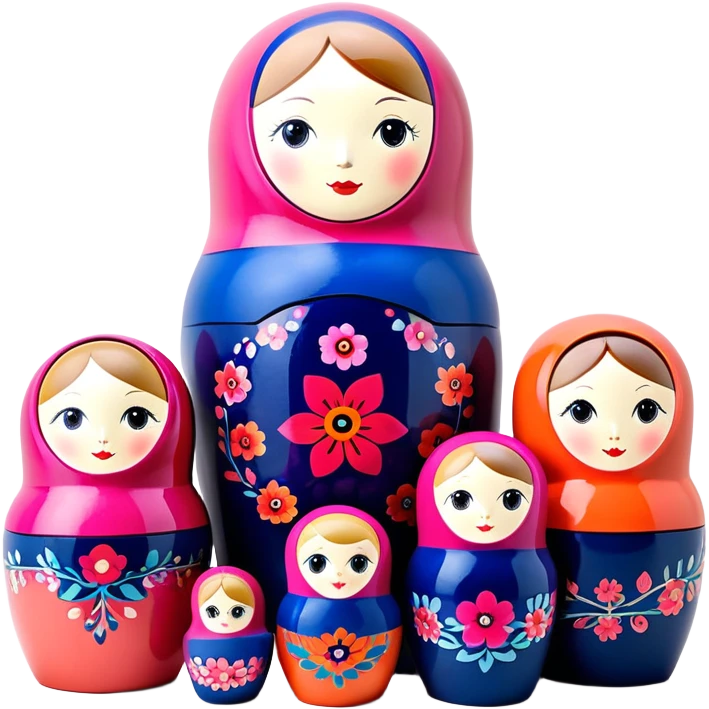 A modern Russian pop art matryoshka doll, fully opened and arranged horizontally in a clean, structured layout, with each layer revealing a unique, vibrant color while maintaining a cohesive palette. Smooth, glossy surfaces adorned with abstract, contemporary patterns create a sense of unity and depth. Rich, harmonious colors such as deep navy, coral, fuchsia, soft peach, and muted lavender contrast elegantly against a sleek gradient lavender-coral with noise background. The ultra-sharp focus, refined lighting, and high-end beauty product aesthetics bring a stunning, captivating glow to this 3D render. emoji