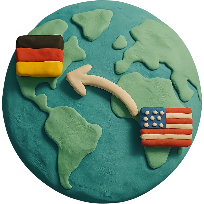 VPN globe icon showing a connection from Germany to the USA, claymation style, no text, suitable for Instagram Reel emoji