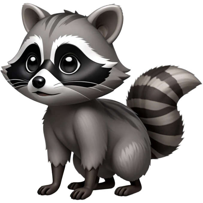 Cinematic-cute Raccoon-Realistic-hunched Full-Body on all fours-Emoji – Tail flicking lazily, head tilted dramatically, thick grey fur with a signature black mask, sharp and alert ears, simplified yet realistic focused features, highly detailed, glowing with an almost sarcastic glow. big black eyes emoji
