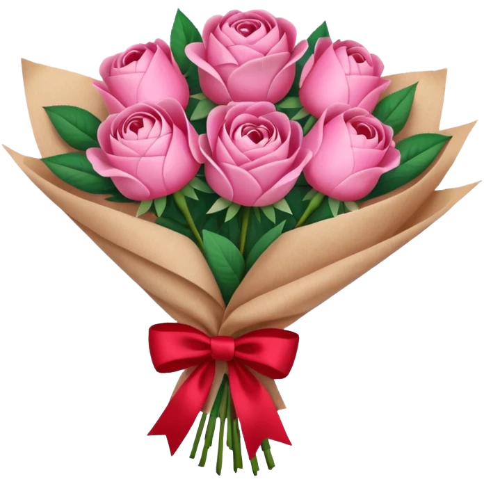 Bouquet of pink flower like rose and peony wrapped in kraft paper with red bow emoji