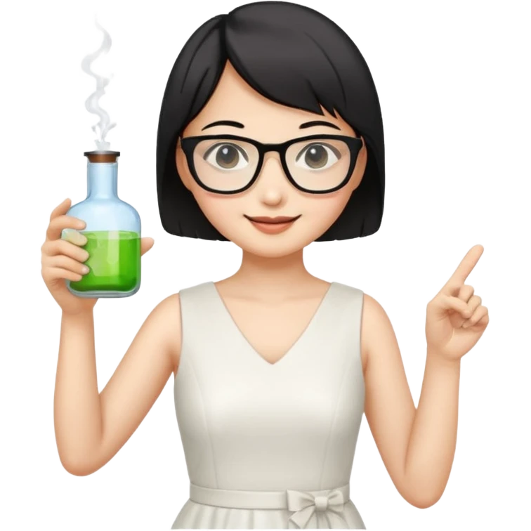 asian teacher with a white dress holding a flask with retangle glasses and black short hand make her smile and point to the right with her other hand emoji