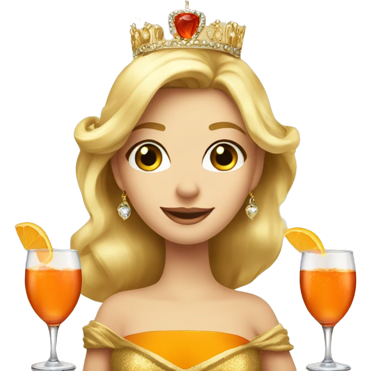 beautiful blond princess with crown in a golden dress drinking aperol emoji
