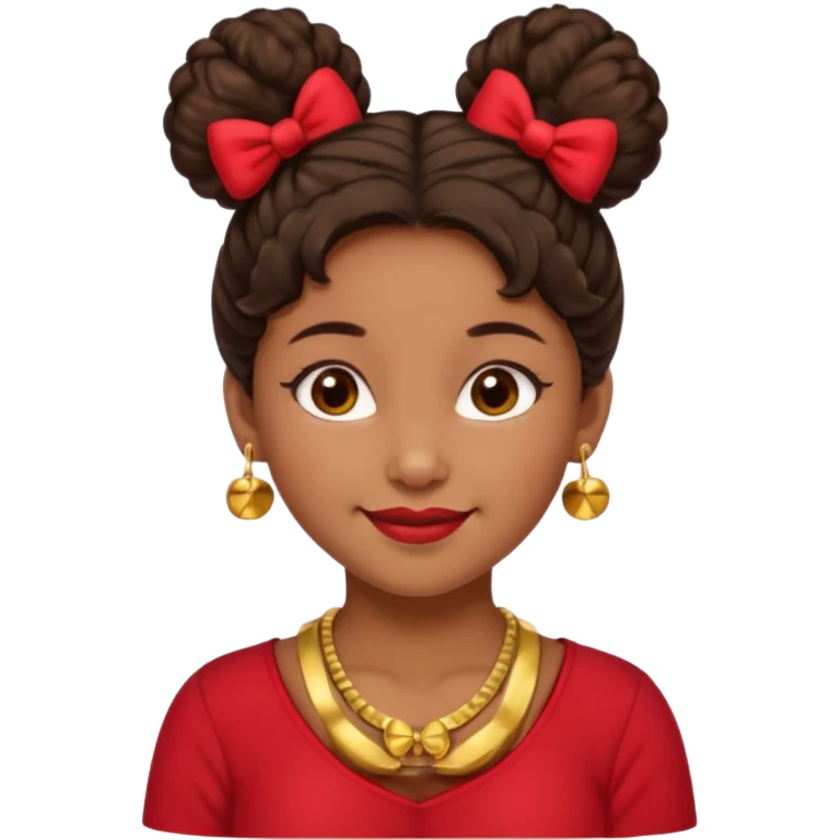 Brownskin girl dark brown hair fluffy.Two buns with red bows brown eyes smiling closed mouth red shirt gold esrrings gold necklace emoji