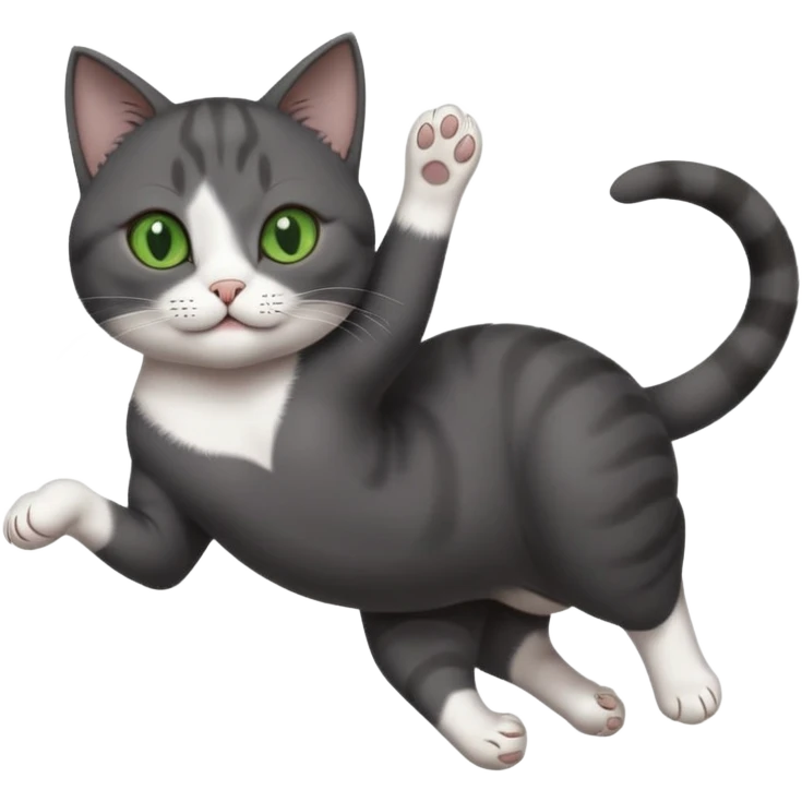 beautiful female solid dark grey cat with green eyes, white toes/paws and white patch on her chest playfully rolling upside down emoji