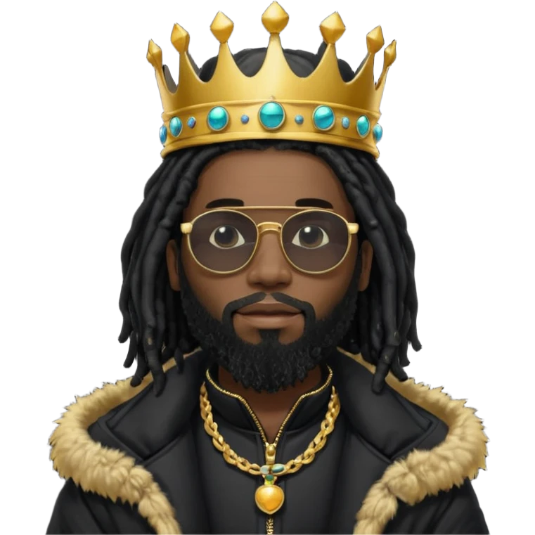 African American man with beardwith shoulder length black dreadlocks wearing black sunglasses with black bubble winter coat weariring a crown on his head emoji