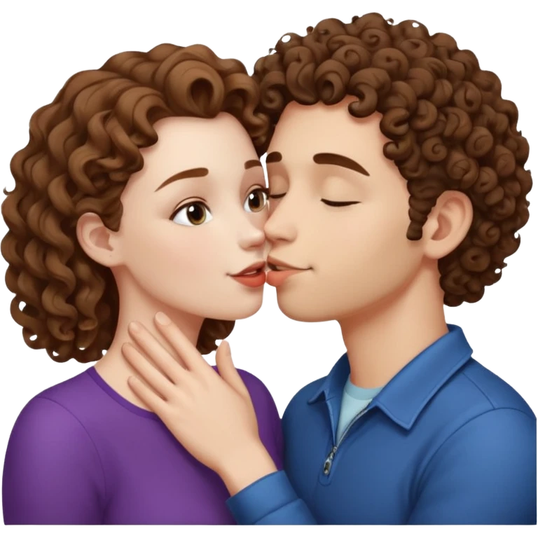 A couple kissing, the man would be white-skinned, mid fade-curly, brown-hair. The serious woman with white skin, brown color emoji