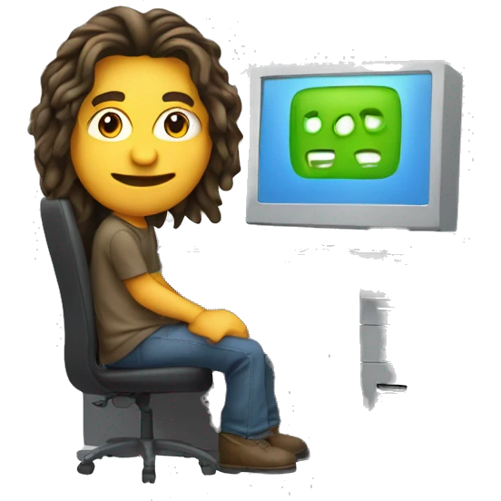 computer coder without eyeglasses, long hair happy and sitting emoji
