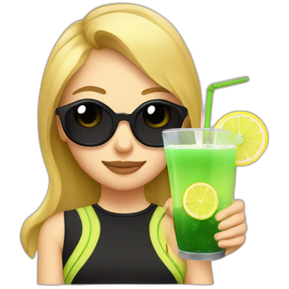 blonde girl straw drinking pink lemonade with one green lemon in the cup, with black watch black tshirt emoji