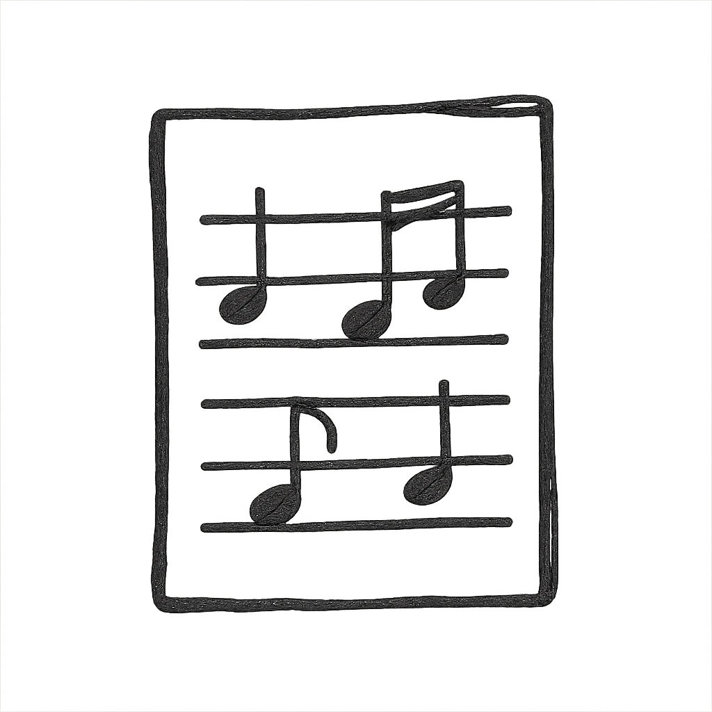 Silhouette of sheet music icon, hand drawn, black outlines, no fill, simple and clean, front view emoji