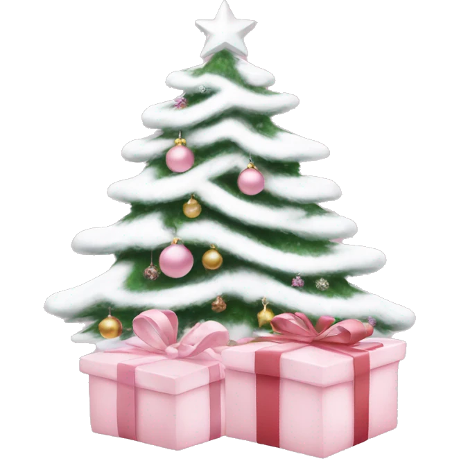 Light pink Christmas gifts under a white Christmas tree  emoji
