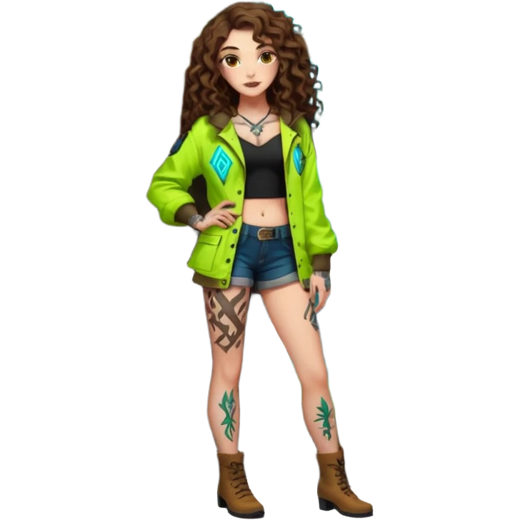 full body view of a woman with long curly brown hair, brown eyes, white skin, tattoos, leaning against a tree covered in neon runes, open forest jacket, flirty confident stance emoji