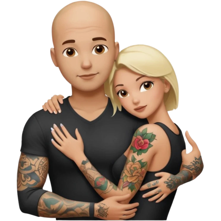 throuple tattooed sleeves bbald male with topless naked big boobed brunette and topless naked big boobed blonde girlfriends  lovingl  and sexy polygamy hott emoji