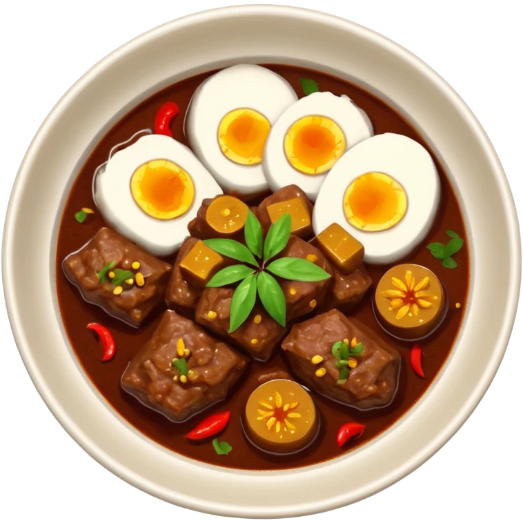 a bowl of beef rendang from above emoji