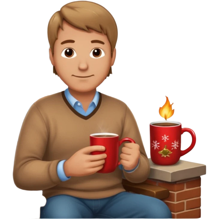 Cozy handsome 45 year old man sitting next to a nice fireplace with a hot apple cider, book, and plate of chocolate cookies. emoji