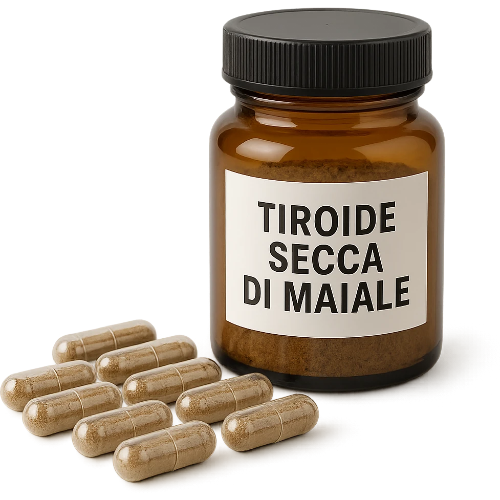 transparent capsules with brown powder inside, arranged next to a jar labeled 'Tiroide Secca di Maiale', isolated on white, neutral light, hyperrealistic 4K emoji