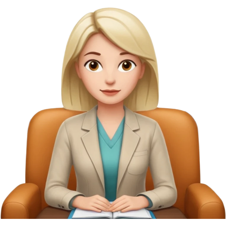 A professional female psychologist, friendly expression, sitting in a therapy office, modern and warm environment, neutral colors, realistic style, white background emoji