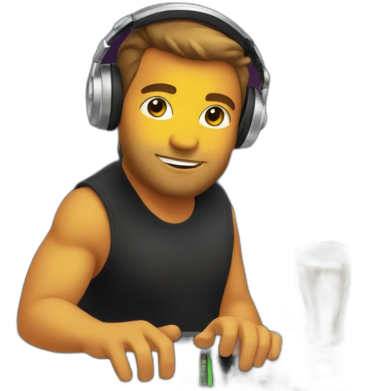 Bold Dj behind dj desk drinking beer emoji