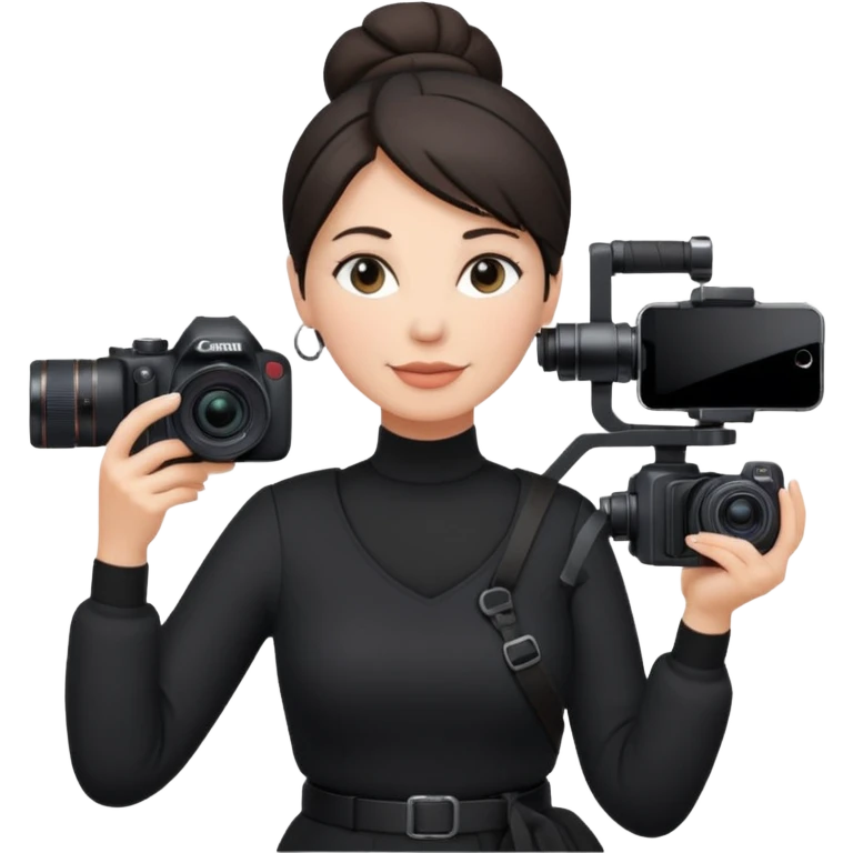 middle aged woman photographer with dark hair in a bun, wearing black clothes, carrying a canon r5 and an iPhone on a gimbal emoji